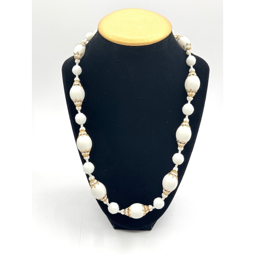 Vendome Vintage White Milk Glass Bead Necklace Gold Tone Filigree Mid-Century